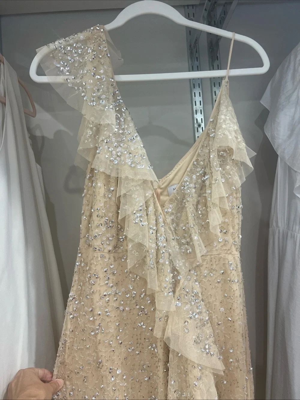 Mac Duggal Champagne Sequin Ruffle Slip